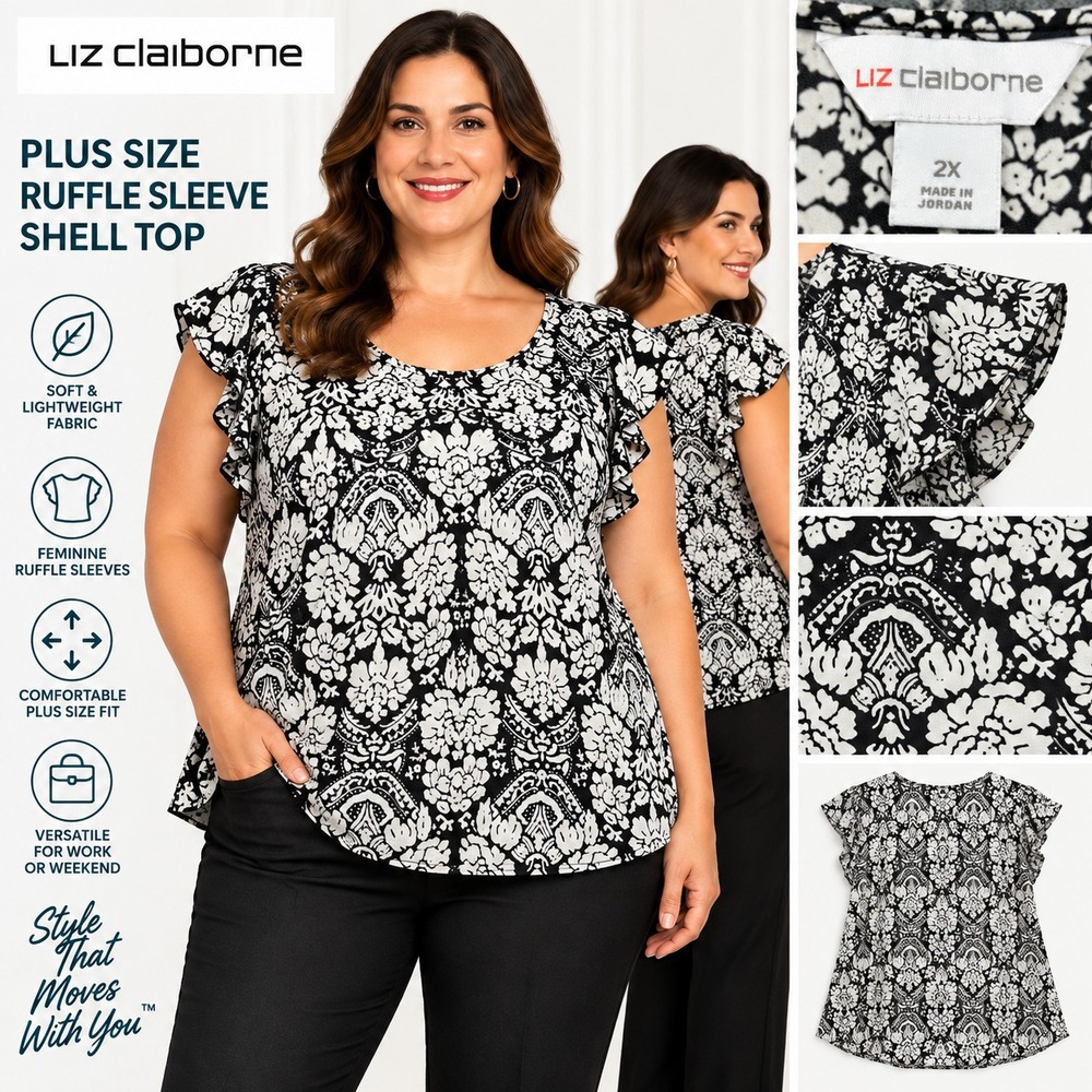 Liz Claiborne Women's 2X Black White Floral Damask Top Cap Sleeve Stretch Shirt
